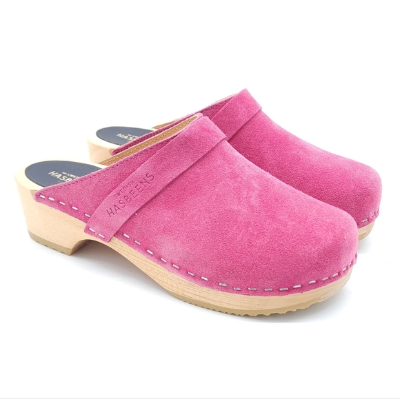 Swedish Hasbeens Pink Suede Wood Clogs Women's Size 6 EU 36 - Picture 2 of 11